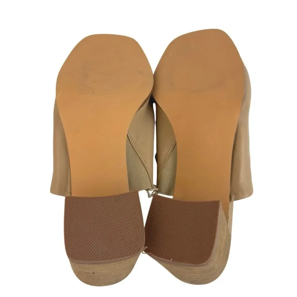 NEW Joie Olympia Tan Beige Block Heel Open Toe Slip On Slide Mule Sandals Sz 10